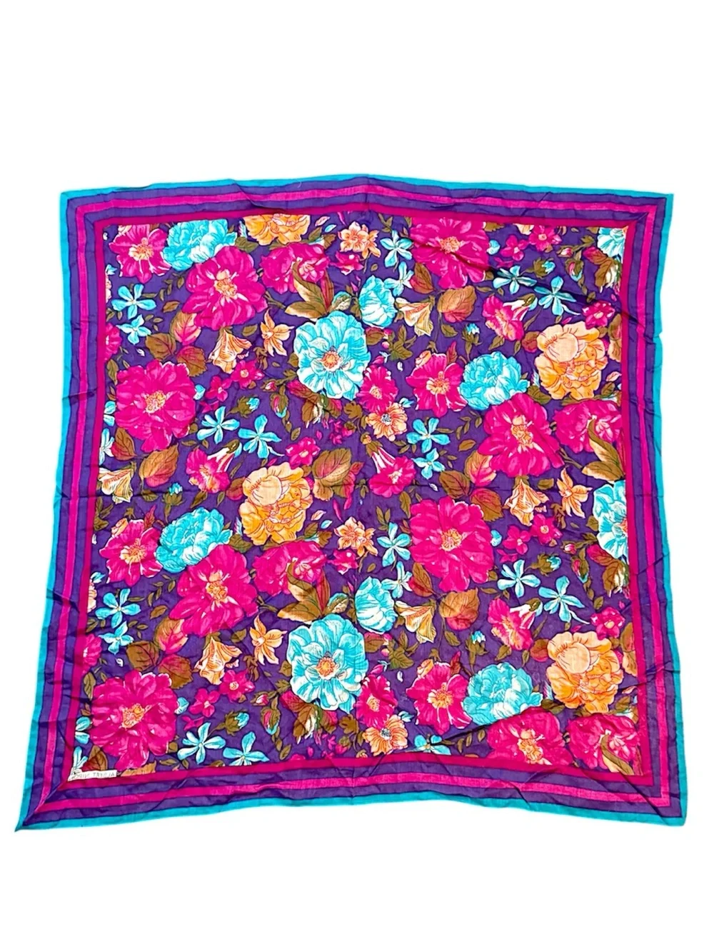 Vintage Albert Nipon Floral Square Scarf 33” Purple Pink Blue Statement Neck